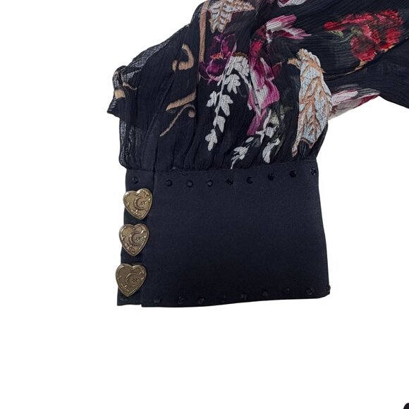 Camilla Mirror Mirror Raglan Button Up Shirt Black Floral Sheer Silk Blouse Sz L - Picture 10 of 16